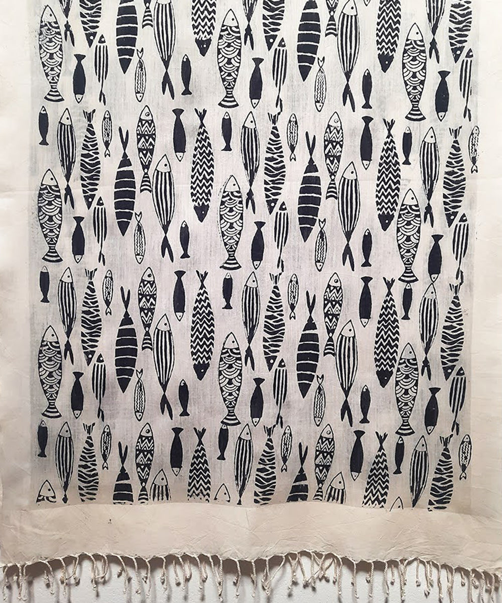 White black fish handblock printed cotton silk stole