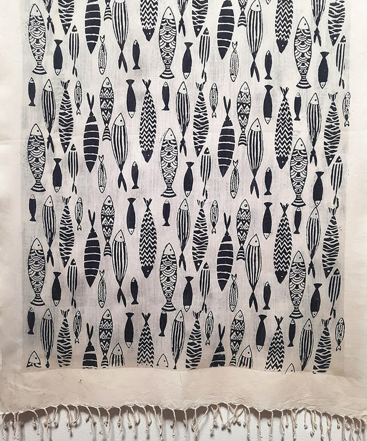 White black fish handblock printed cotton silk stole