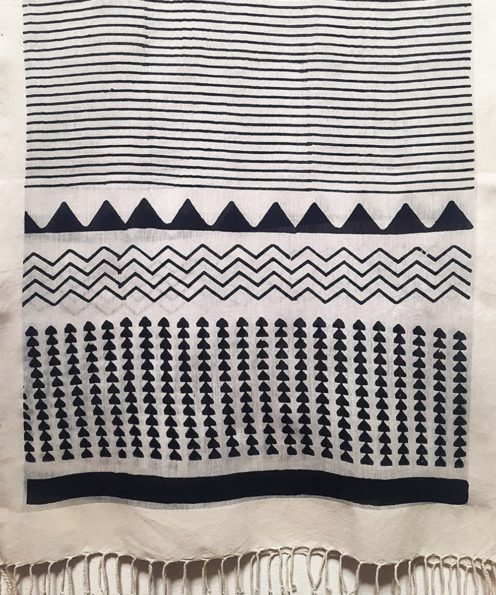 White black triangular striped handblock print cotton silk stole