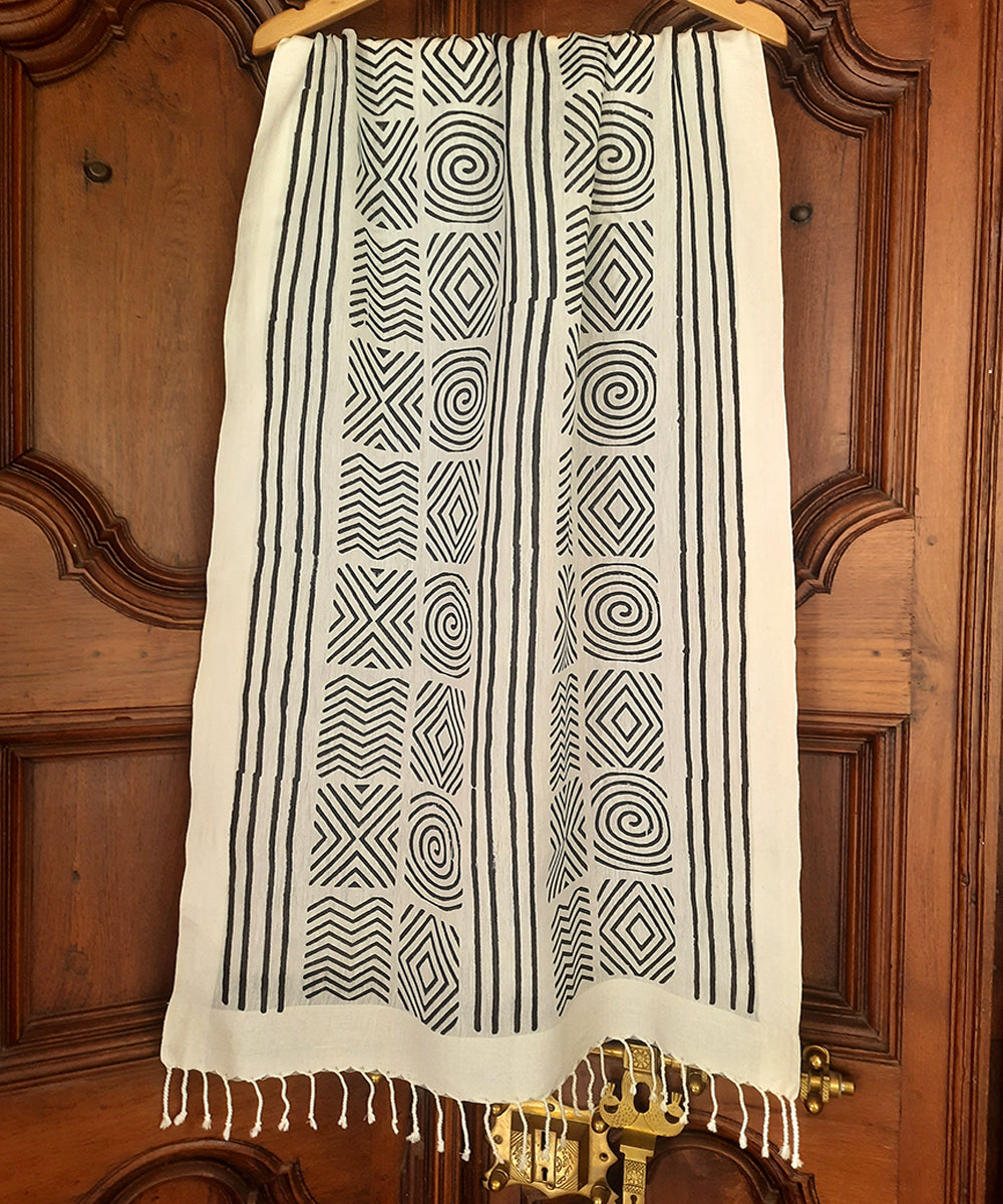 White black handblock printed cotton silk stole