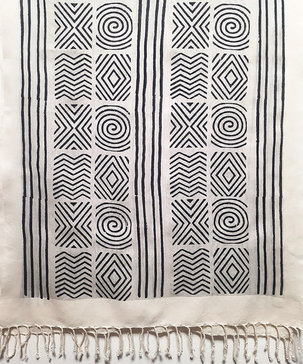 White black handblock printed cotton silk stole