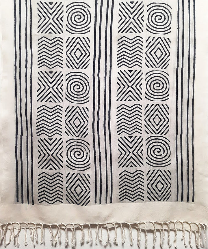 White black handblock printed cotton silk stole