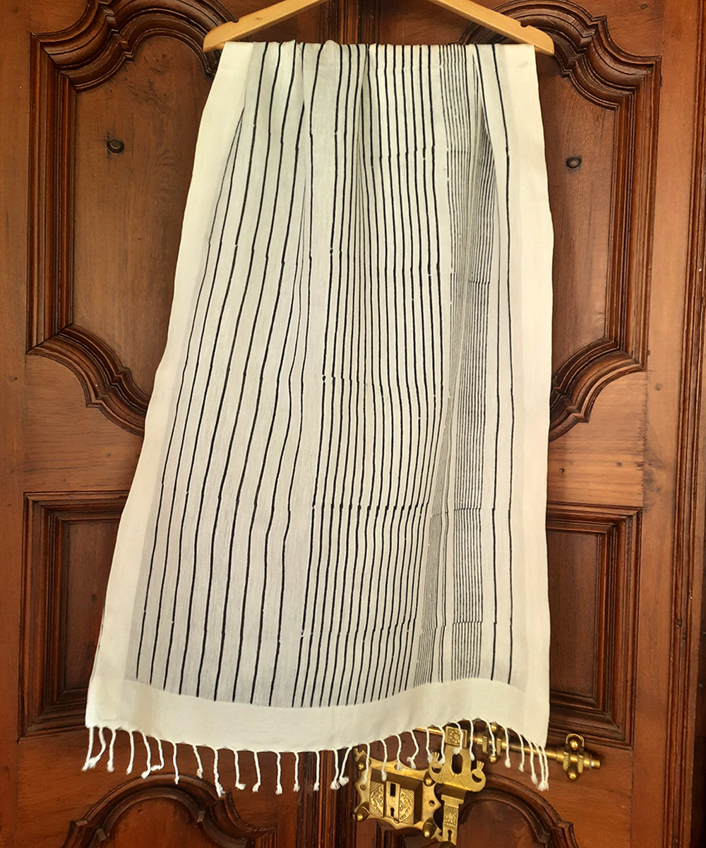 White black striped handblock print cotton silk stole