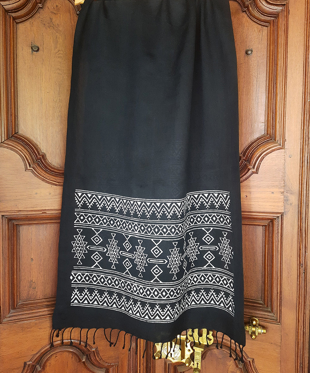 Black white handblock printed cotton silk stole