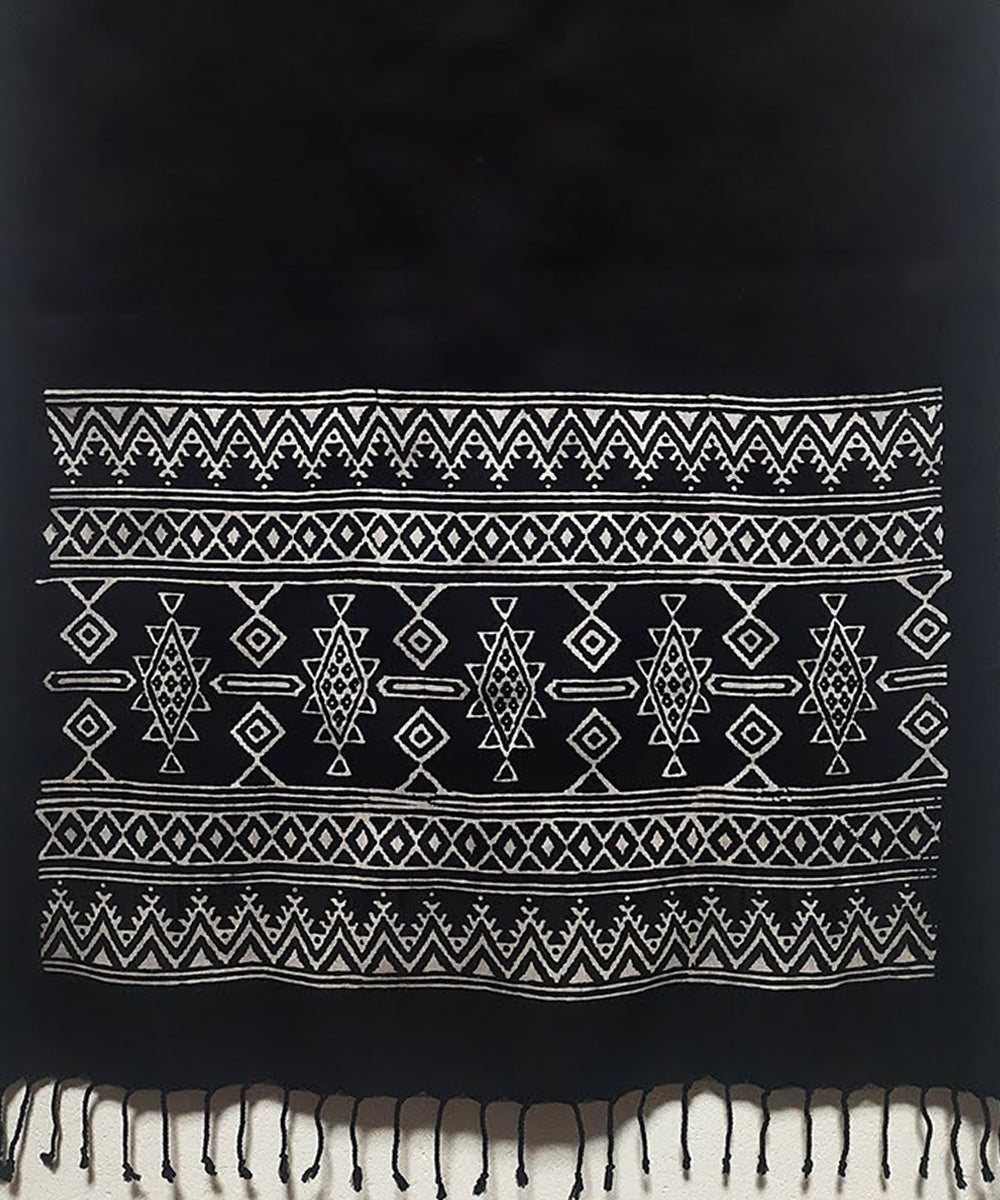 Black white handblock printed cotton silk stole
