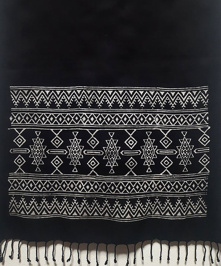 Black white handblock printed cotton silk stole