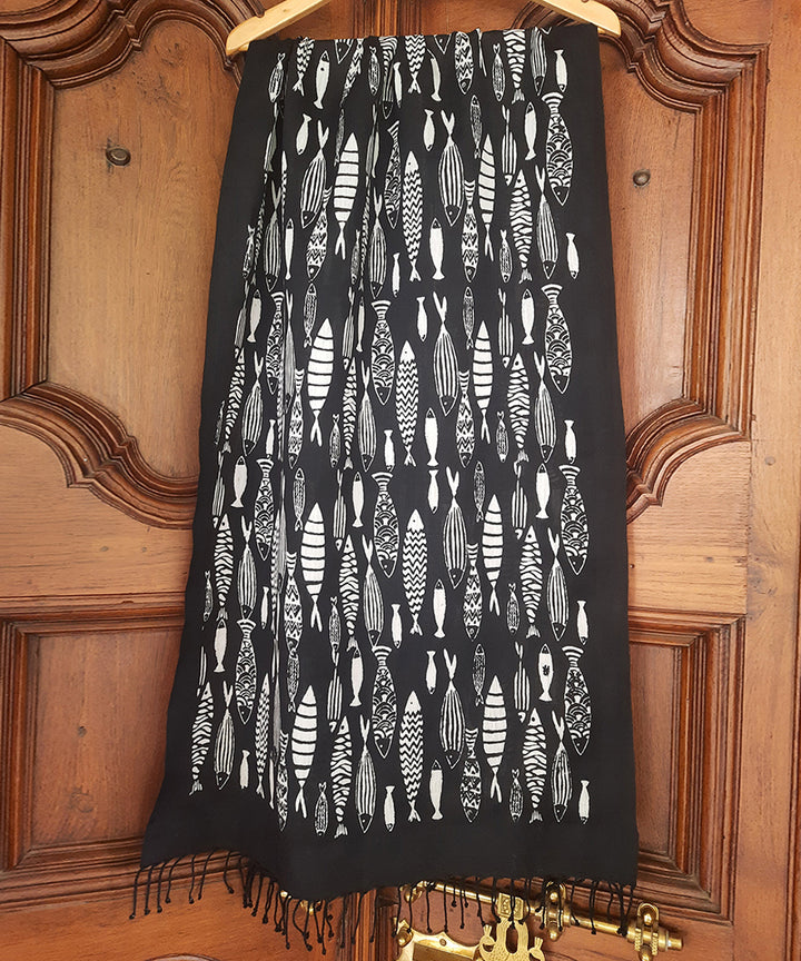 Black white fish motif handblock printed cotton silk stole