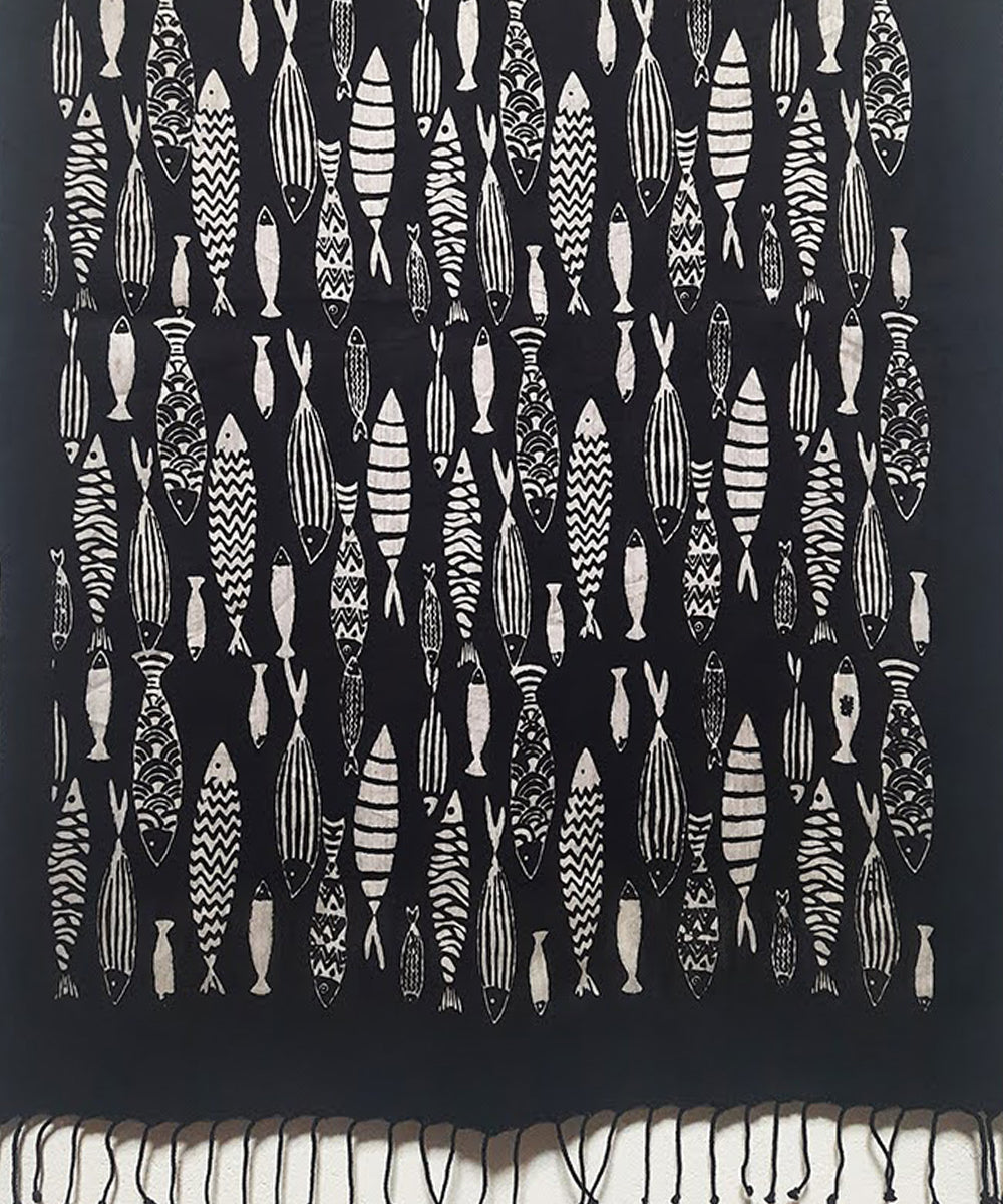 Black white fish motif handblock printed cotton silk stole