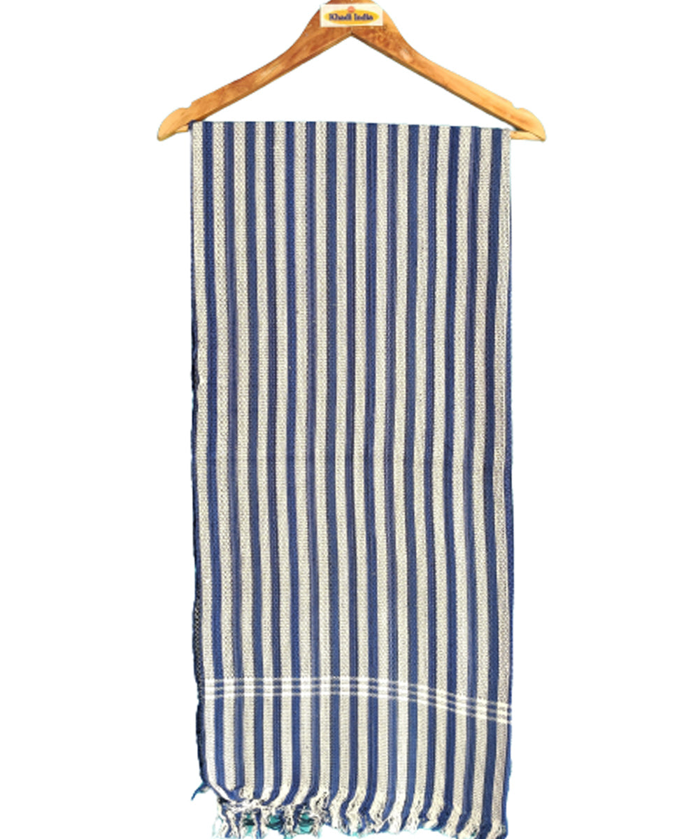 Blue grey stripe handspun handwoven cotton bath towel