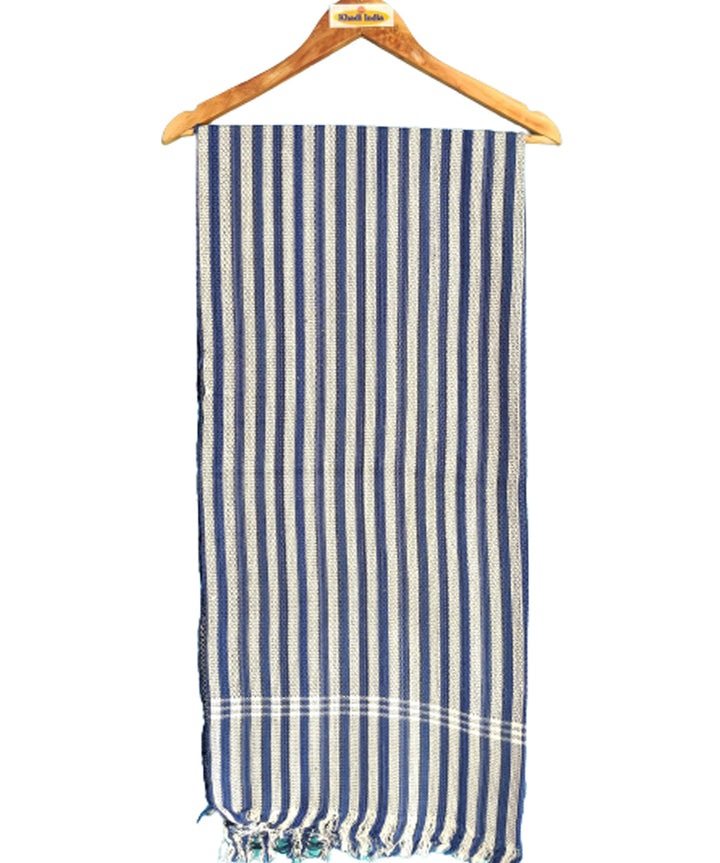 Blue grey stripe handspun handwoven cotton bath towel