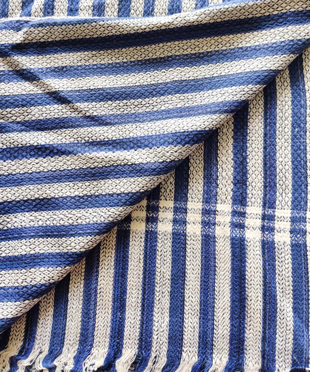 Blue grey stripe handspun handwoven cotton bath towel