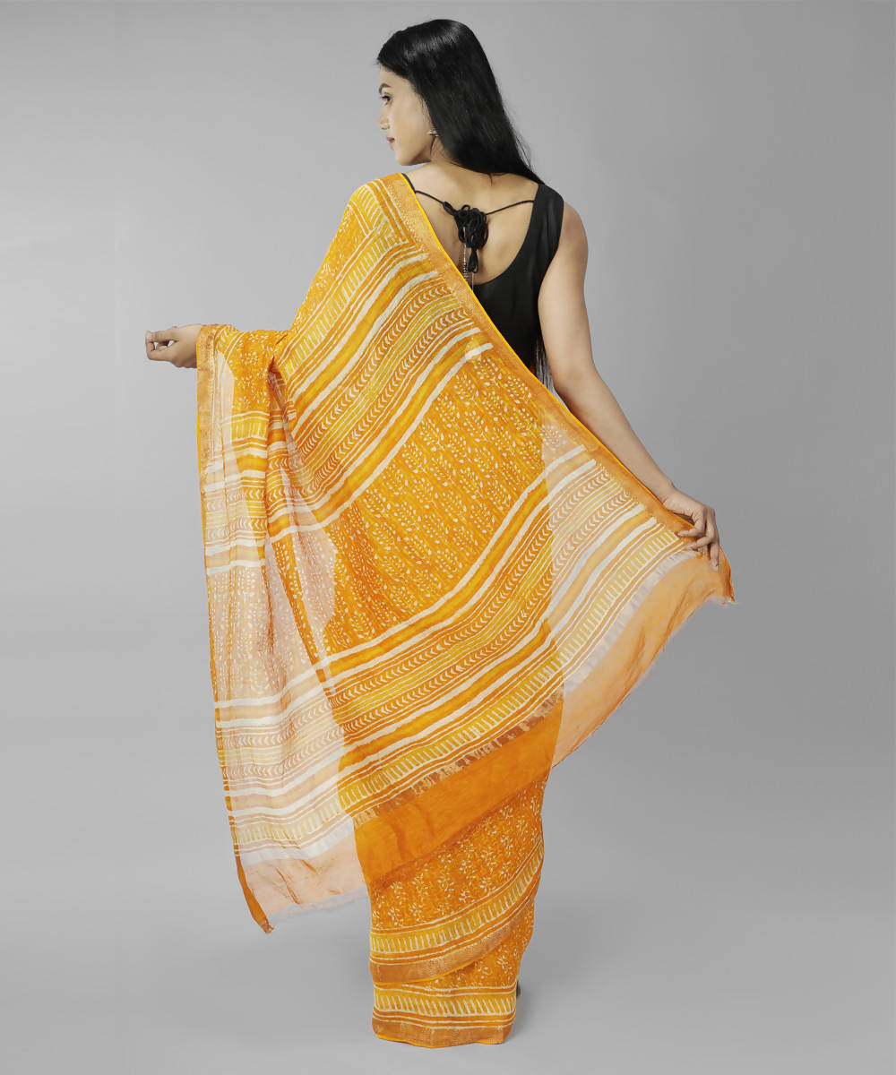 Yellow bagru handblock printed linen saree