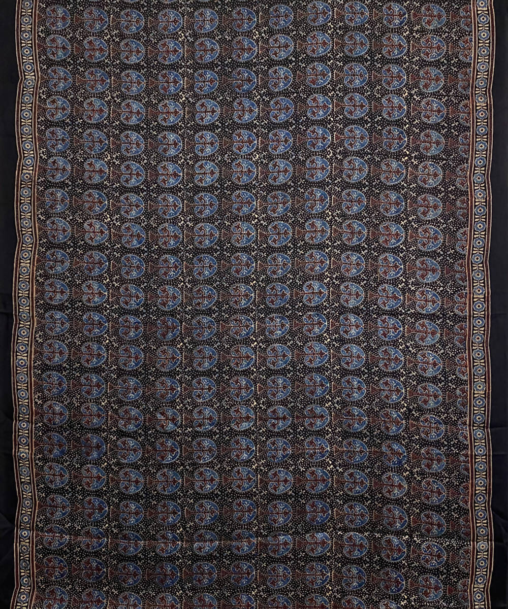 Black hand printed ajrakh modal silk saree