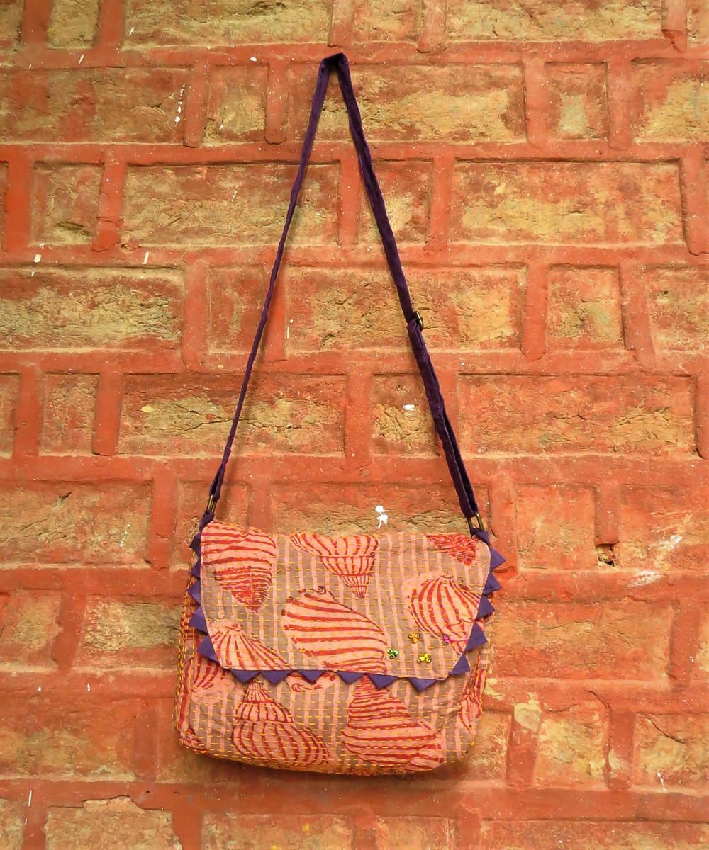 Pink purple vegetable dye with kantha work handmade bag