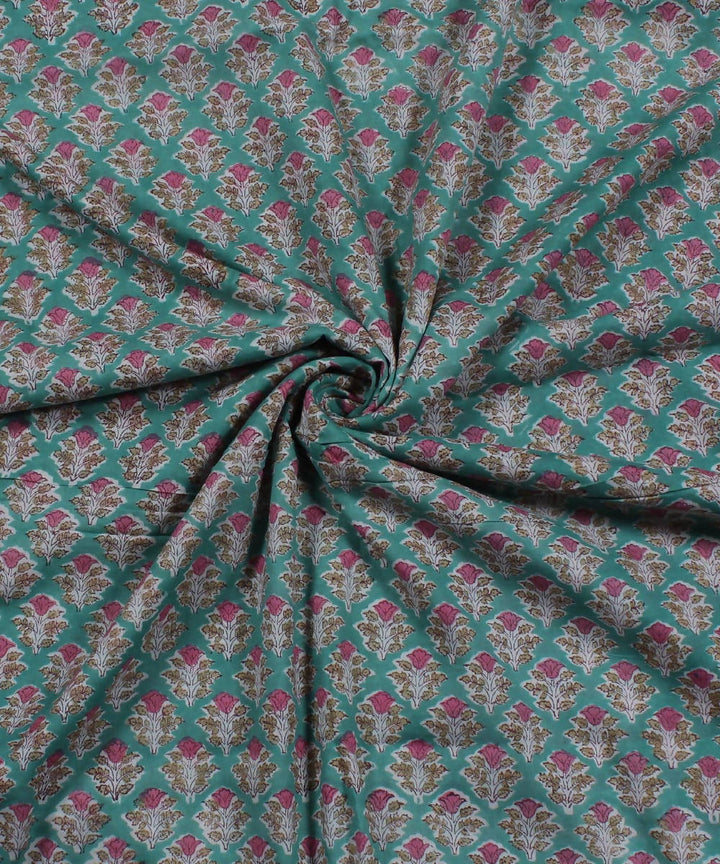 Green Floral Handblock Print Cotton Fabric