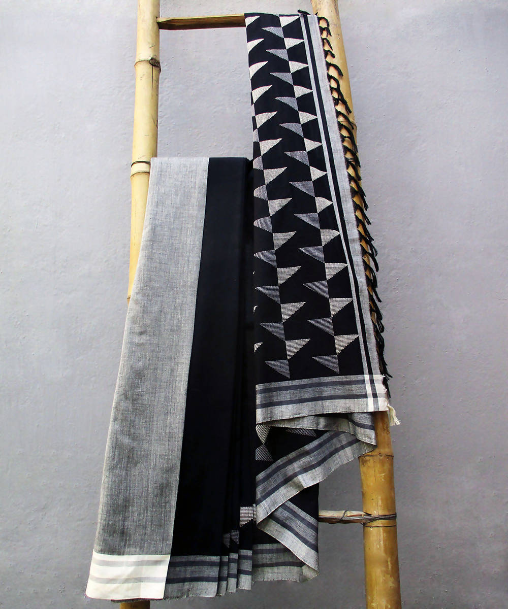 Black white hand woven extra weft cotton saree