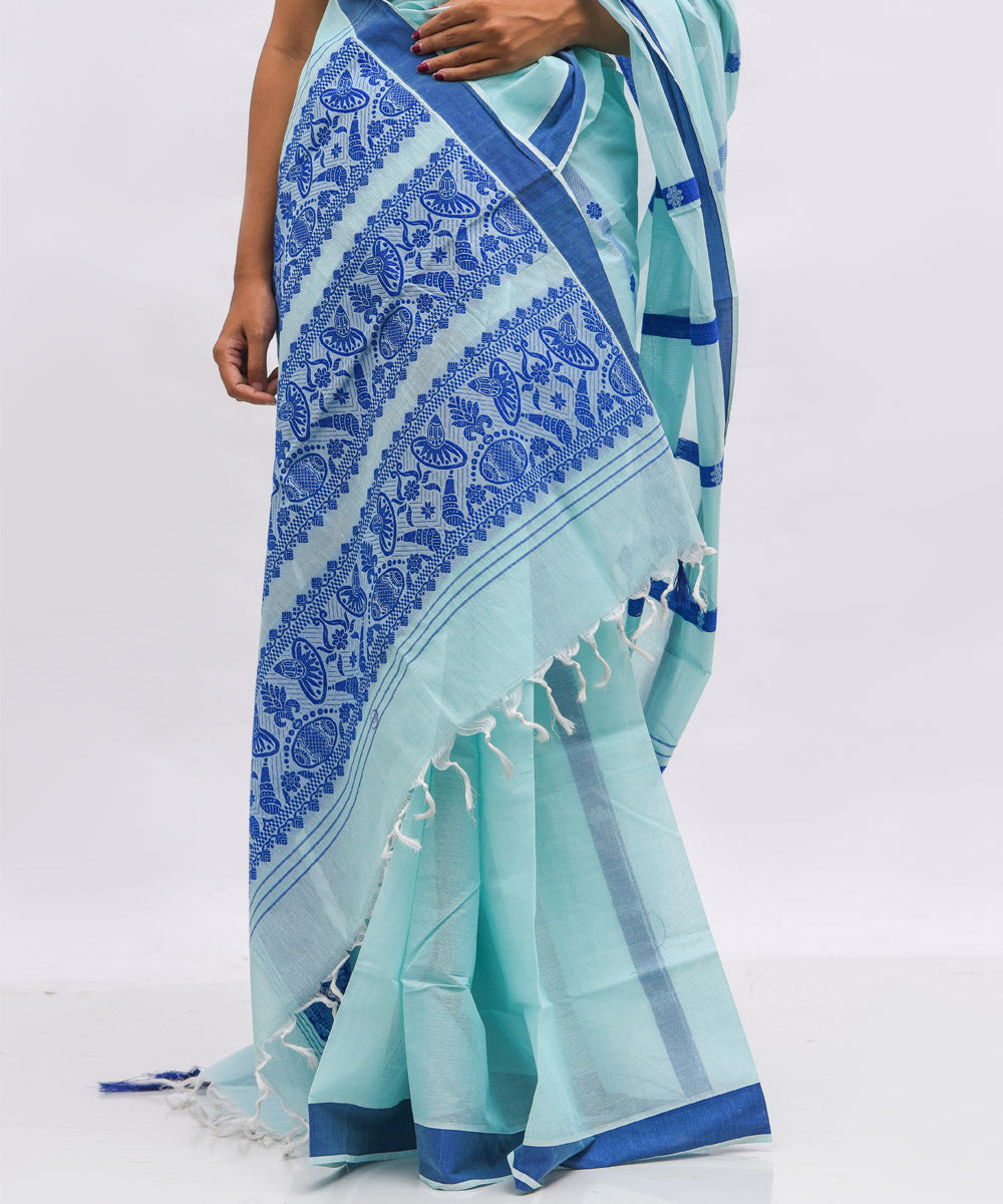 Sky blue cotton handwoven assam saree