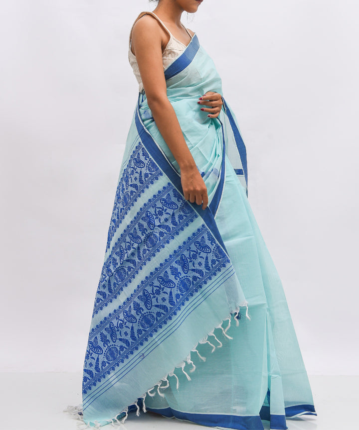 Sky blue cotton handwoven assam saree