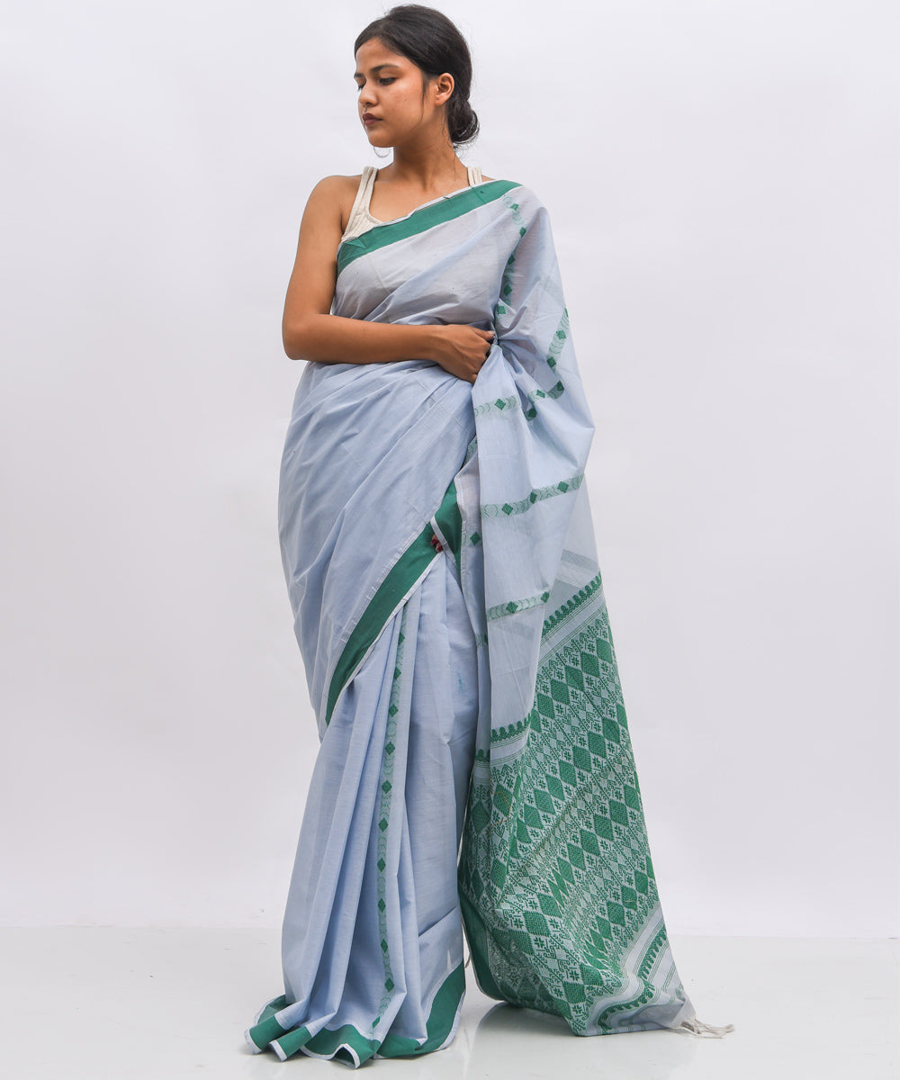 Grey green cotton handwoven assam saree