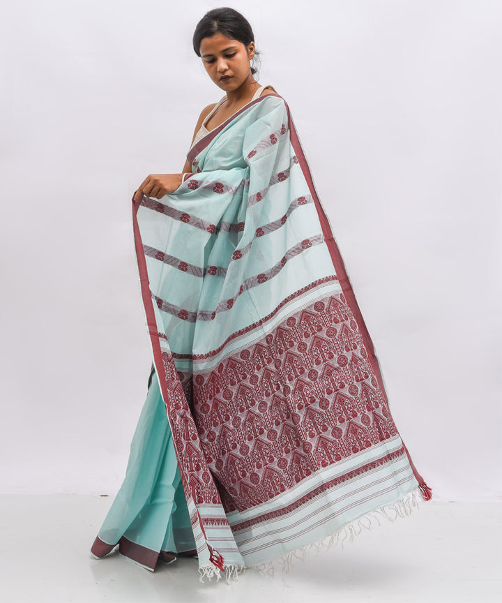 pale blue maroon cotton handwoven assam saree