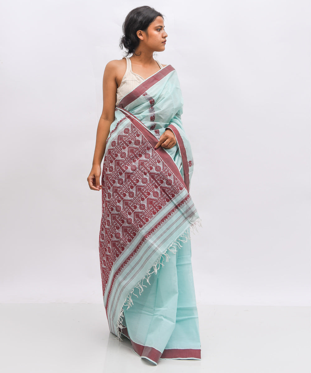 pale blue maroon cotton handwoven assam saree