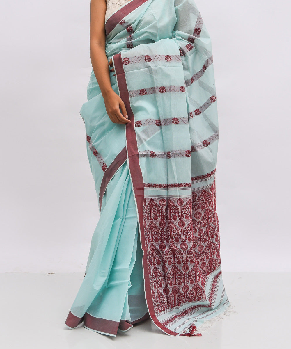 pale blue maroon cotton handwoven assam saree