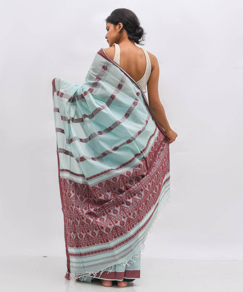 pale blue maroon cotton handwoven assam saree