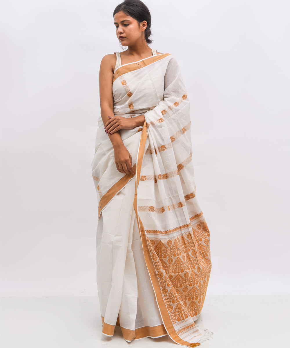 White beige cotton handwoven assam saree