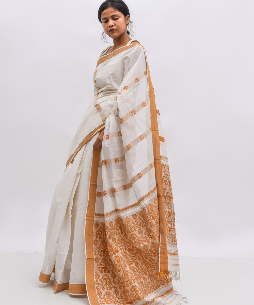 White beige cotton handwoven assam saree