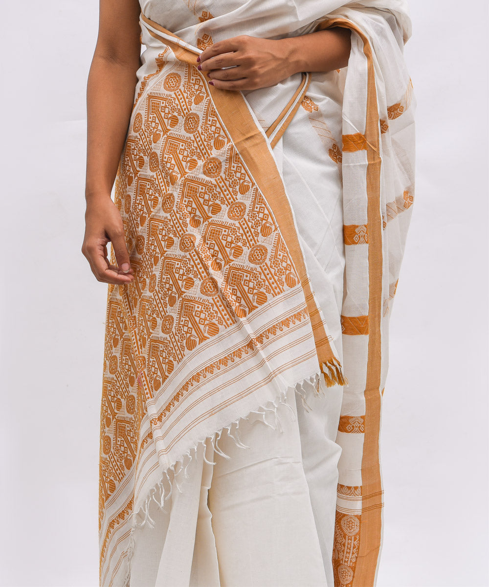 White beige cotton handwoven assam saree