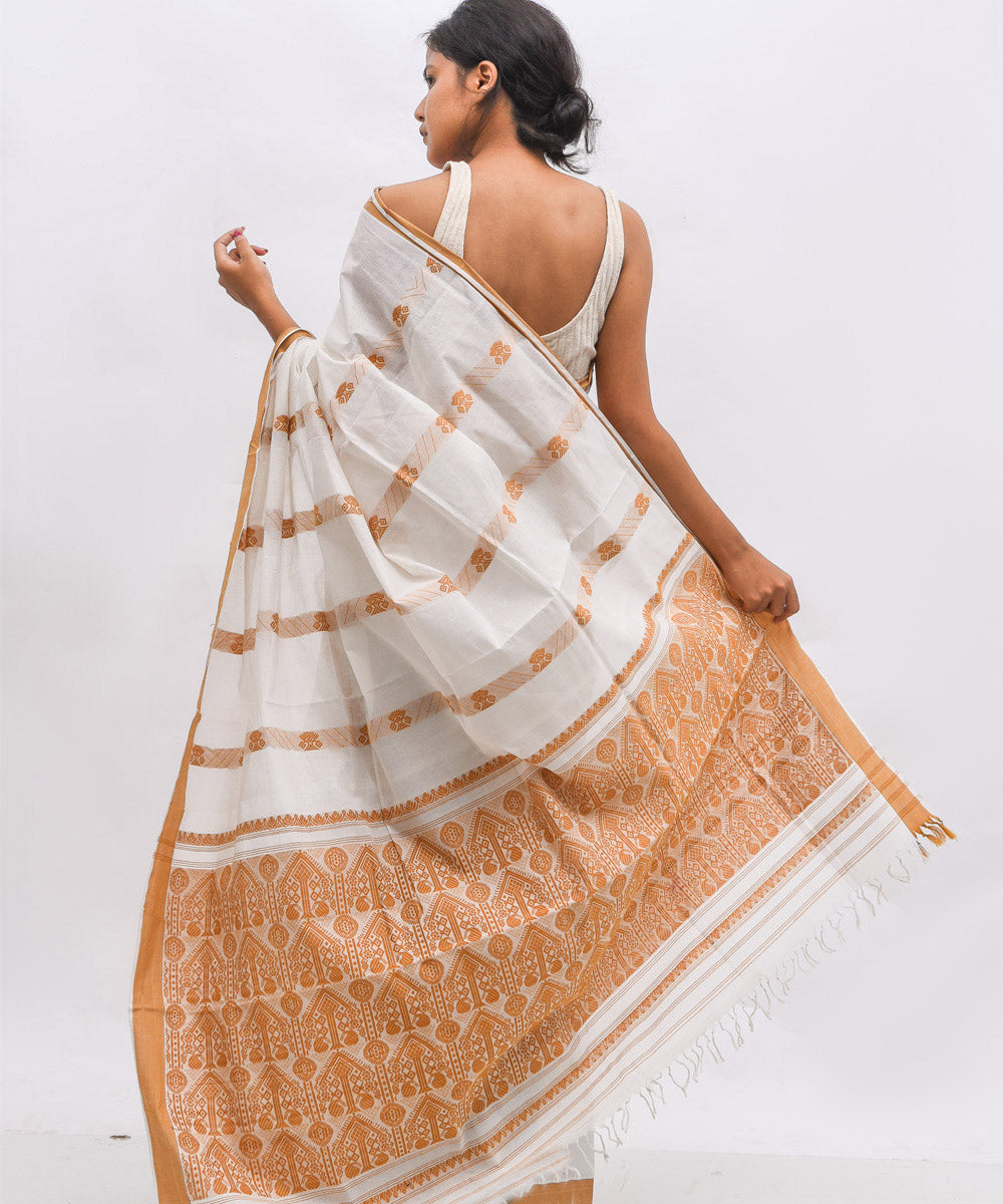 White beige cotton handwoven assam saree