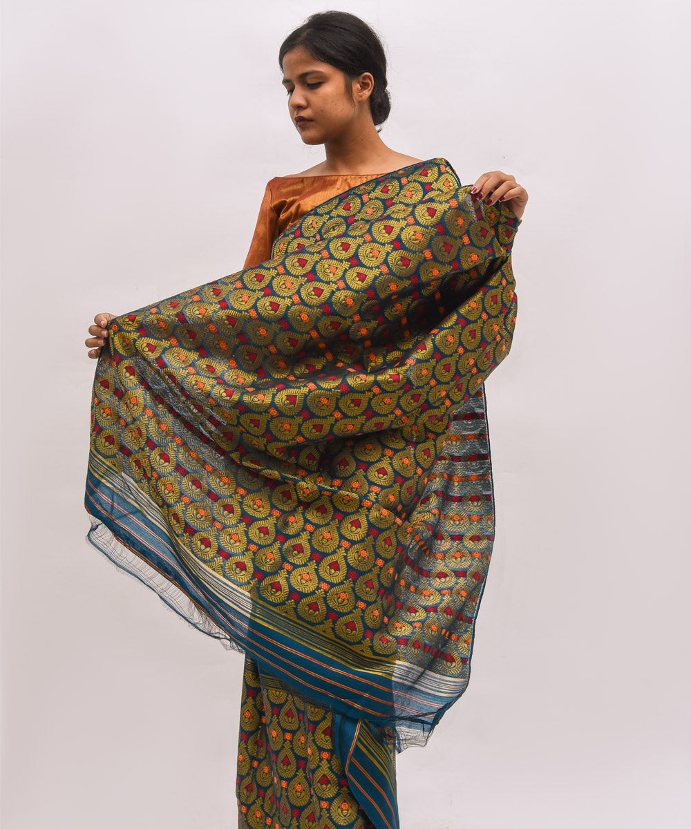 Dark green golden eri silk handwoven assam mekhela chador