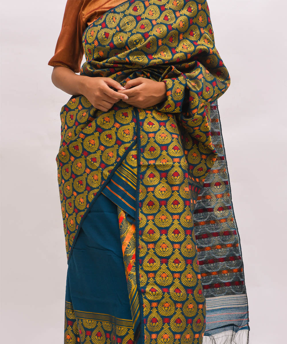 Dark green golden eri silk handwoven assam mekhela chador