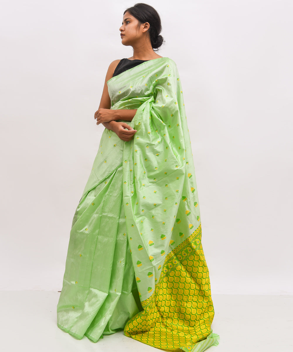 Light green yellow silk handwoven assam saree