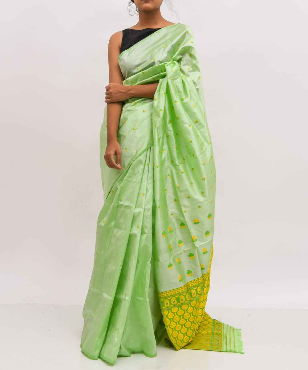 Light green yellow silk handwoven assam saree