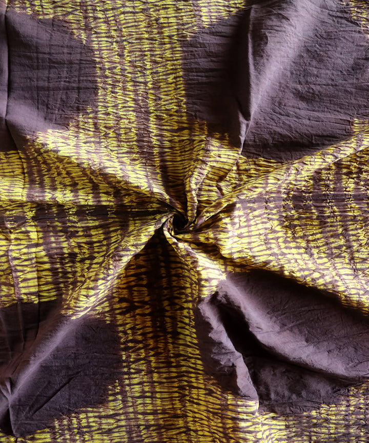 Yellow brown shibori tie dye printed cotton fabric