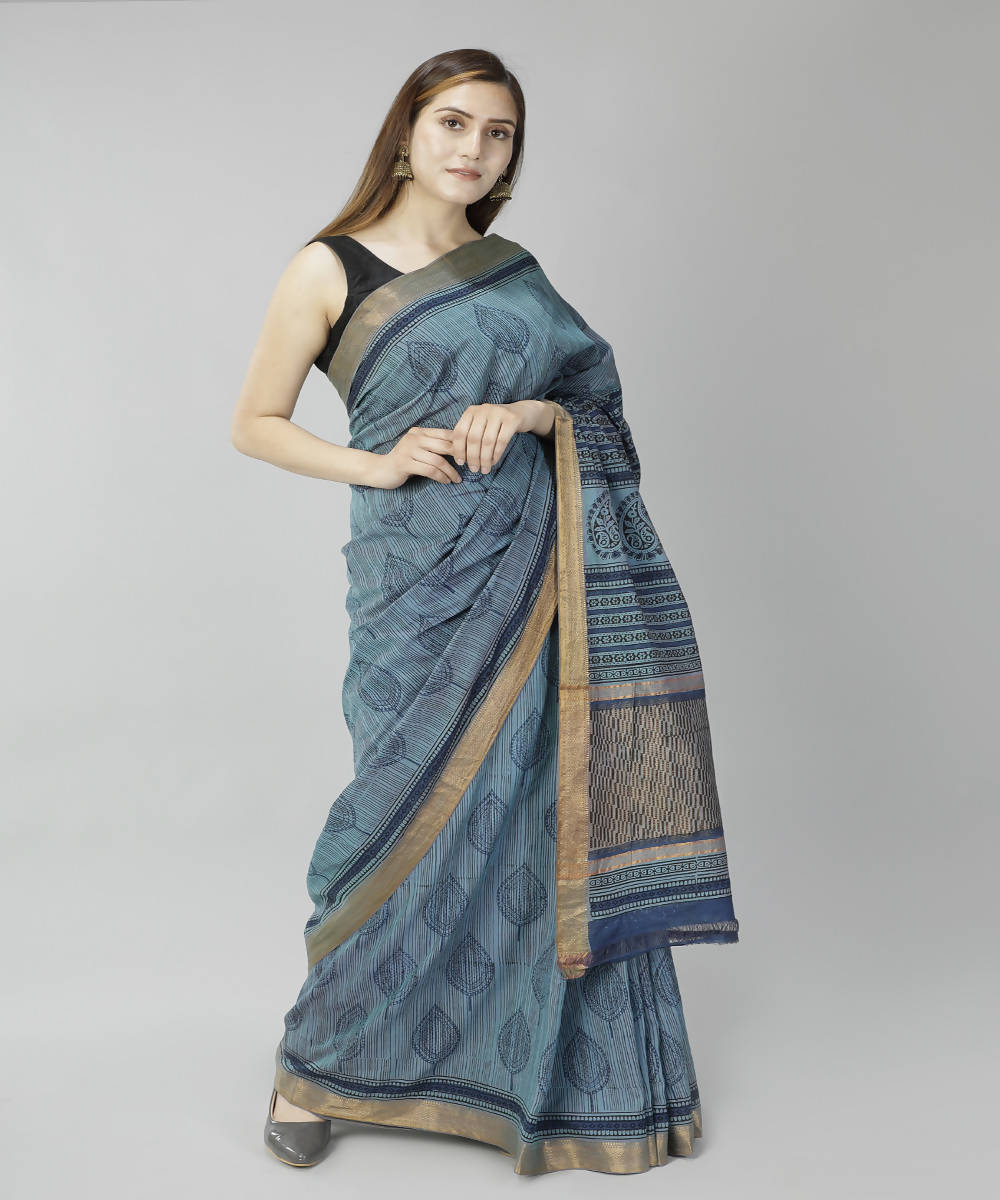 Blue grey bagru handblock printed cotton saree