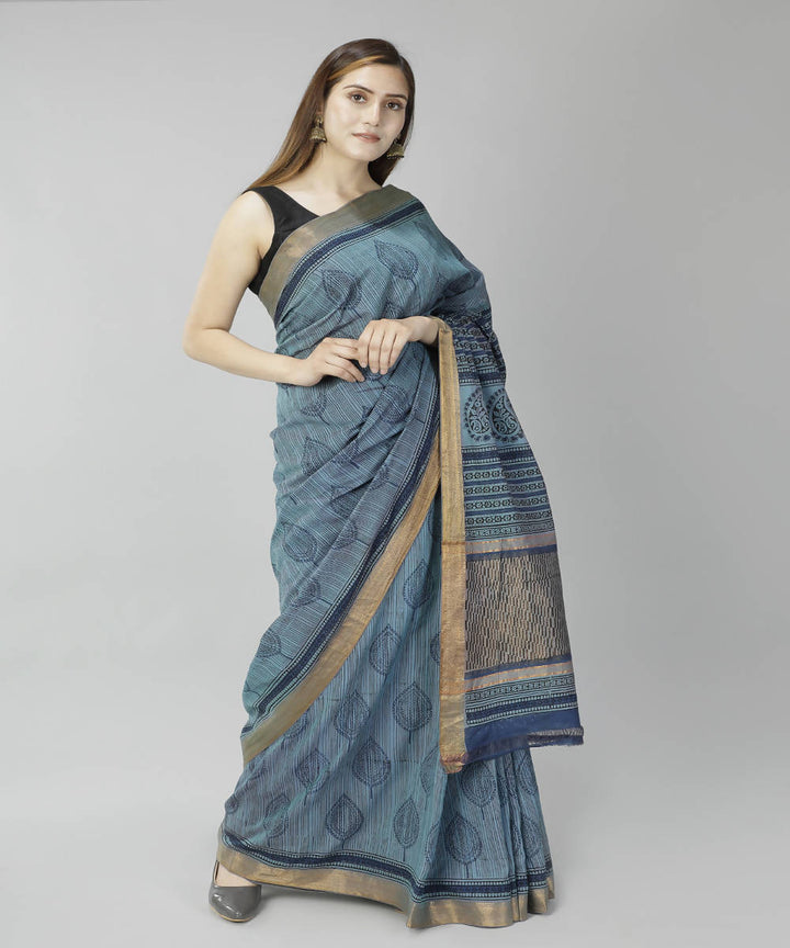Blue grey bagru handblock printed cotton saree