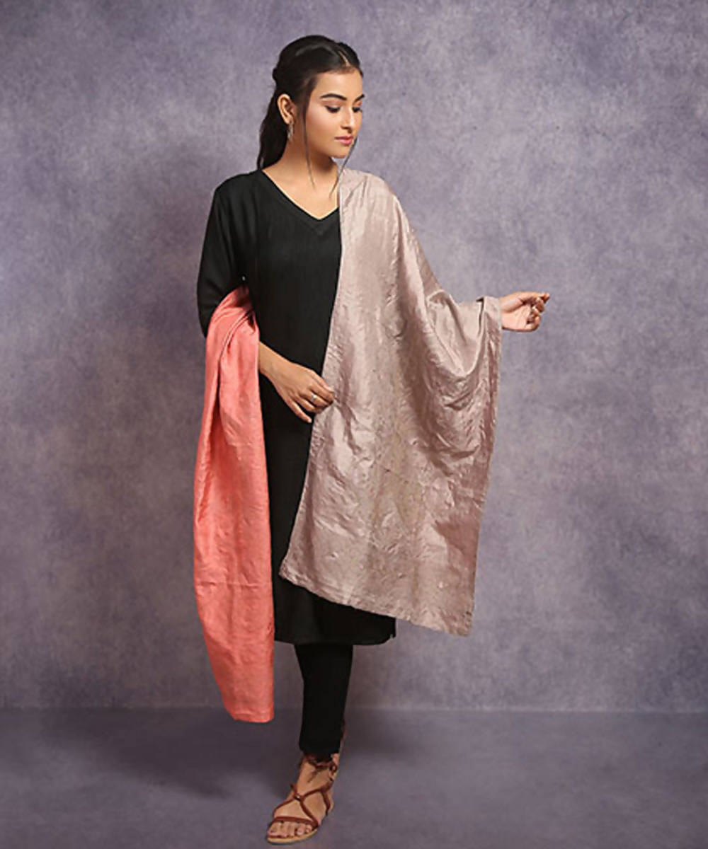 Gray coral hand embroidery reversible silk stole