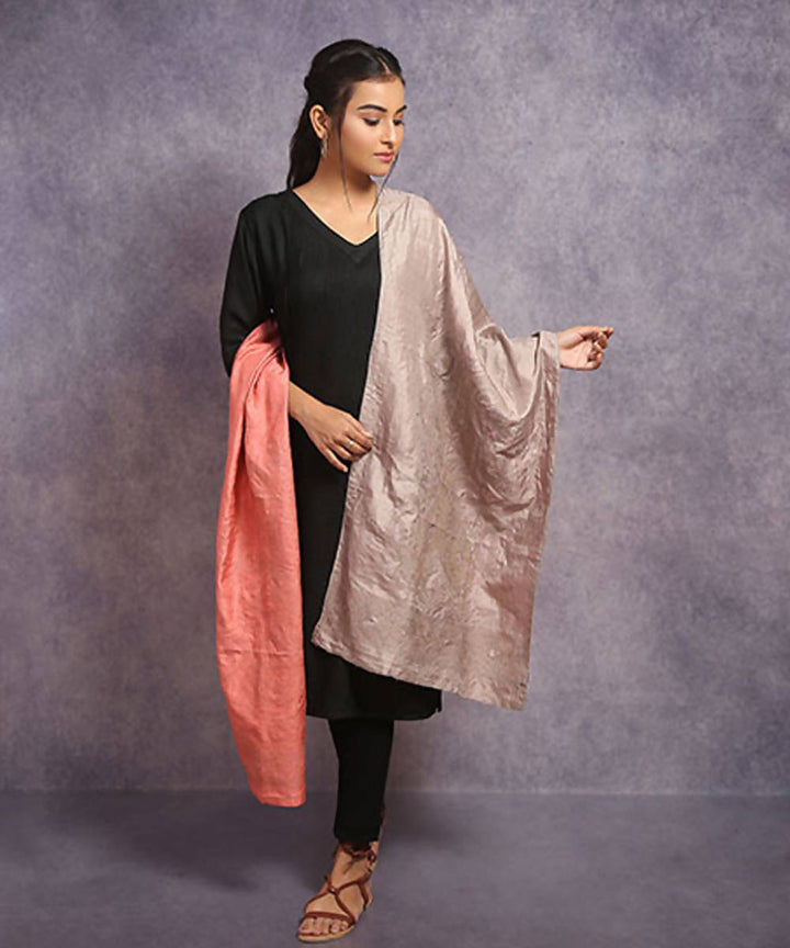 Gray coral hand embroidery reversible silk stole