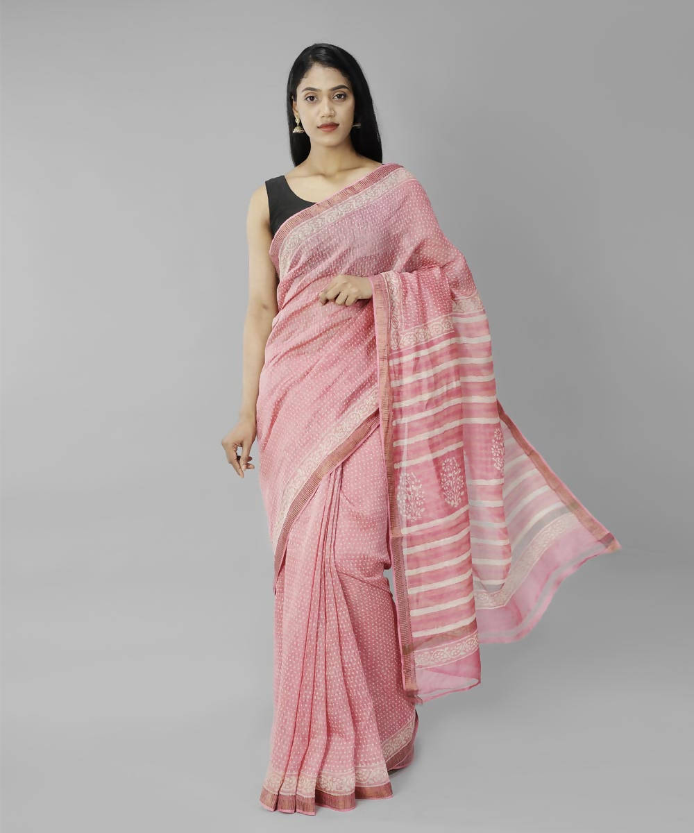 Light pink bagru handblock printed linen saree