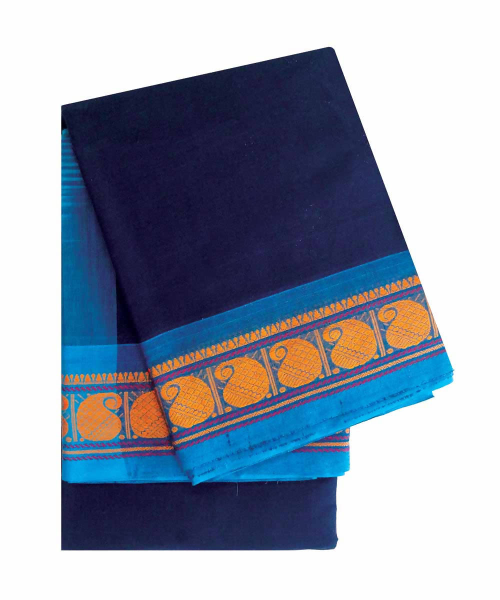 Blue black handwoven cotton kanchi saree