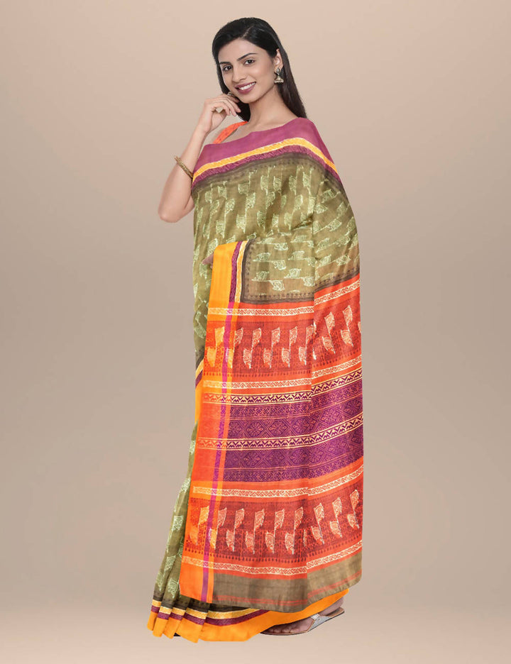 Olive green Cotton Handwoven and Hand Block Printed Saree