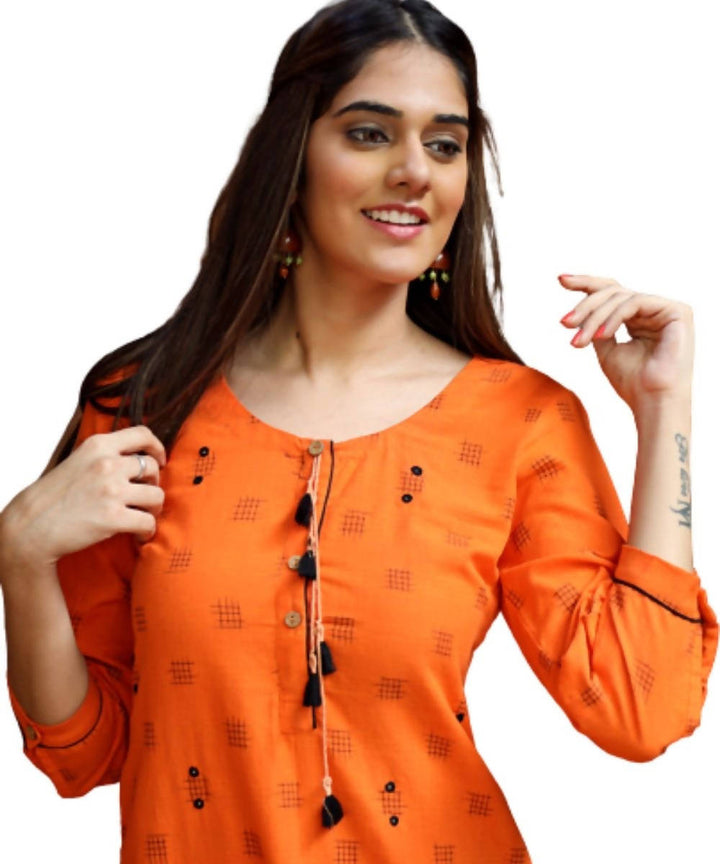 Orange cotton ikat kurti with hand embroidery