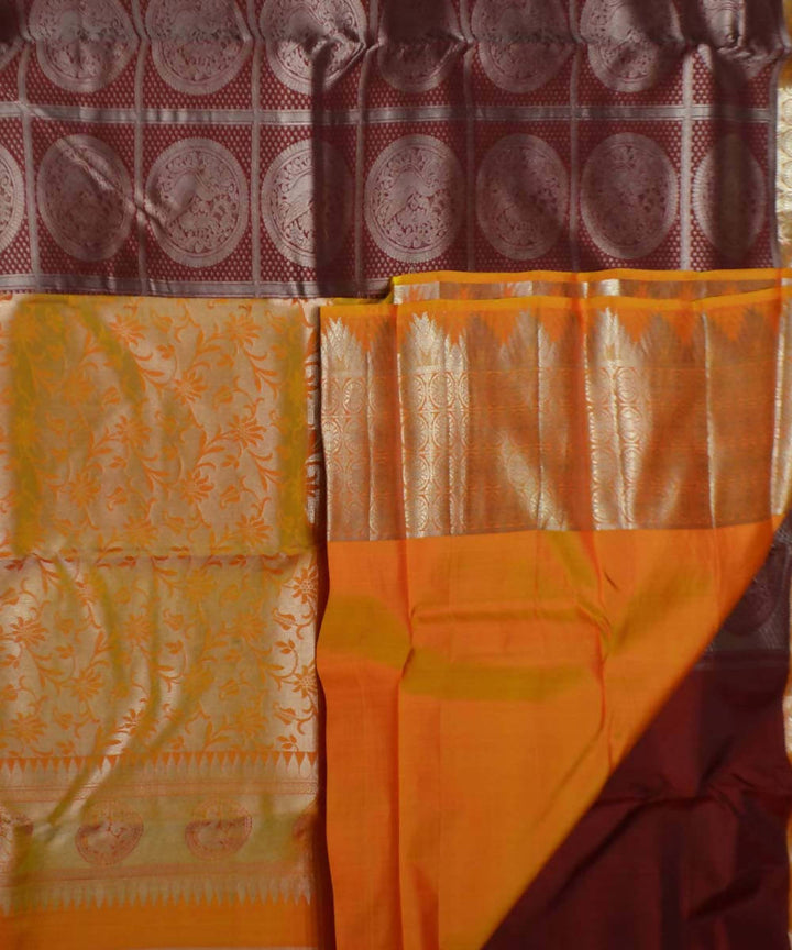 Maroon Mustard Handloom Brocade Silk Saree