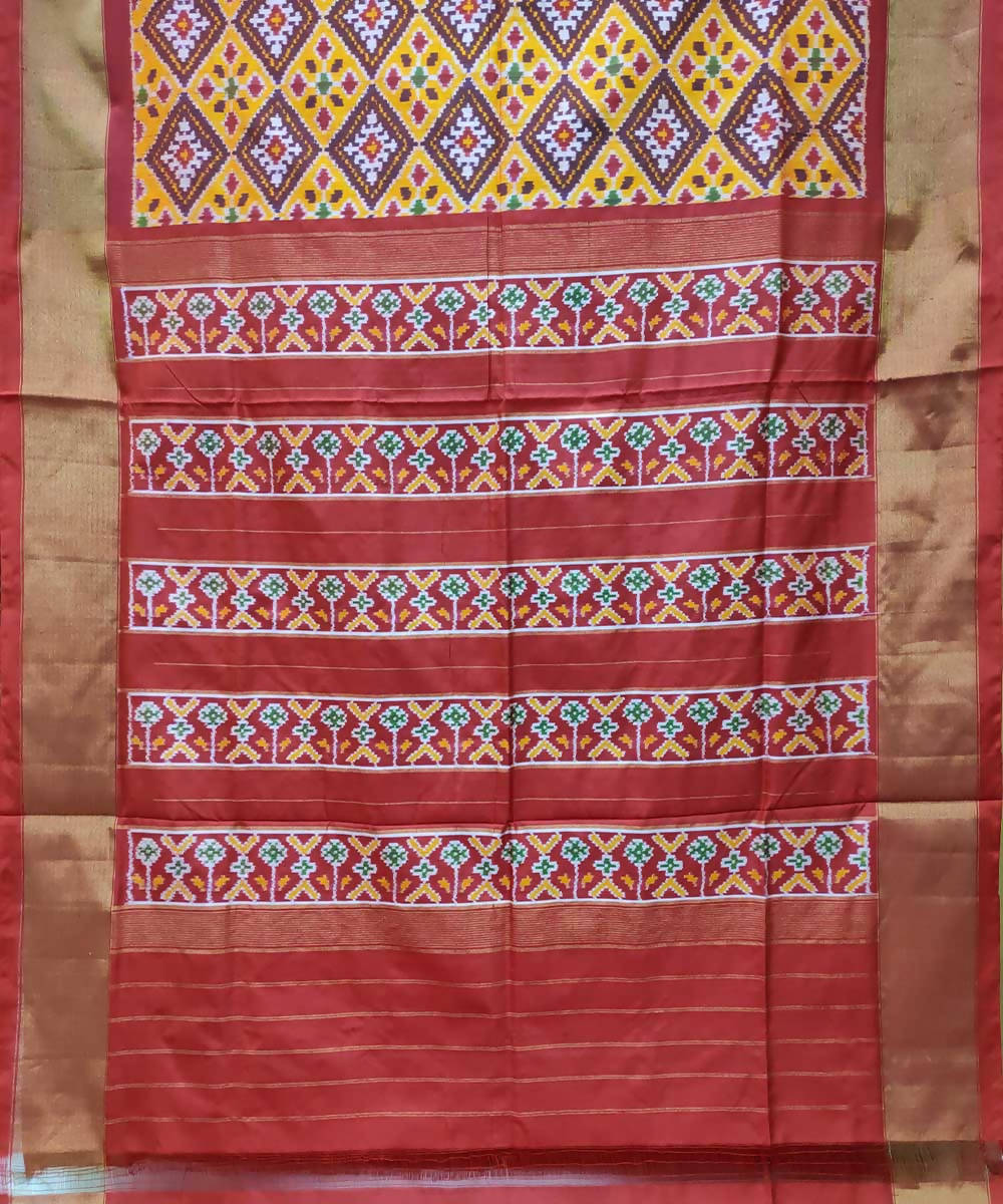 Mustard and red handwoven ikkat silk pochampally saree