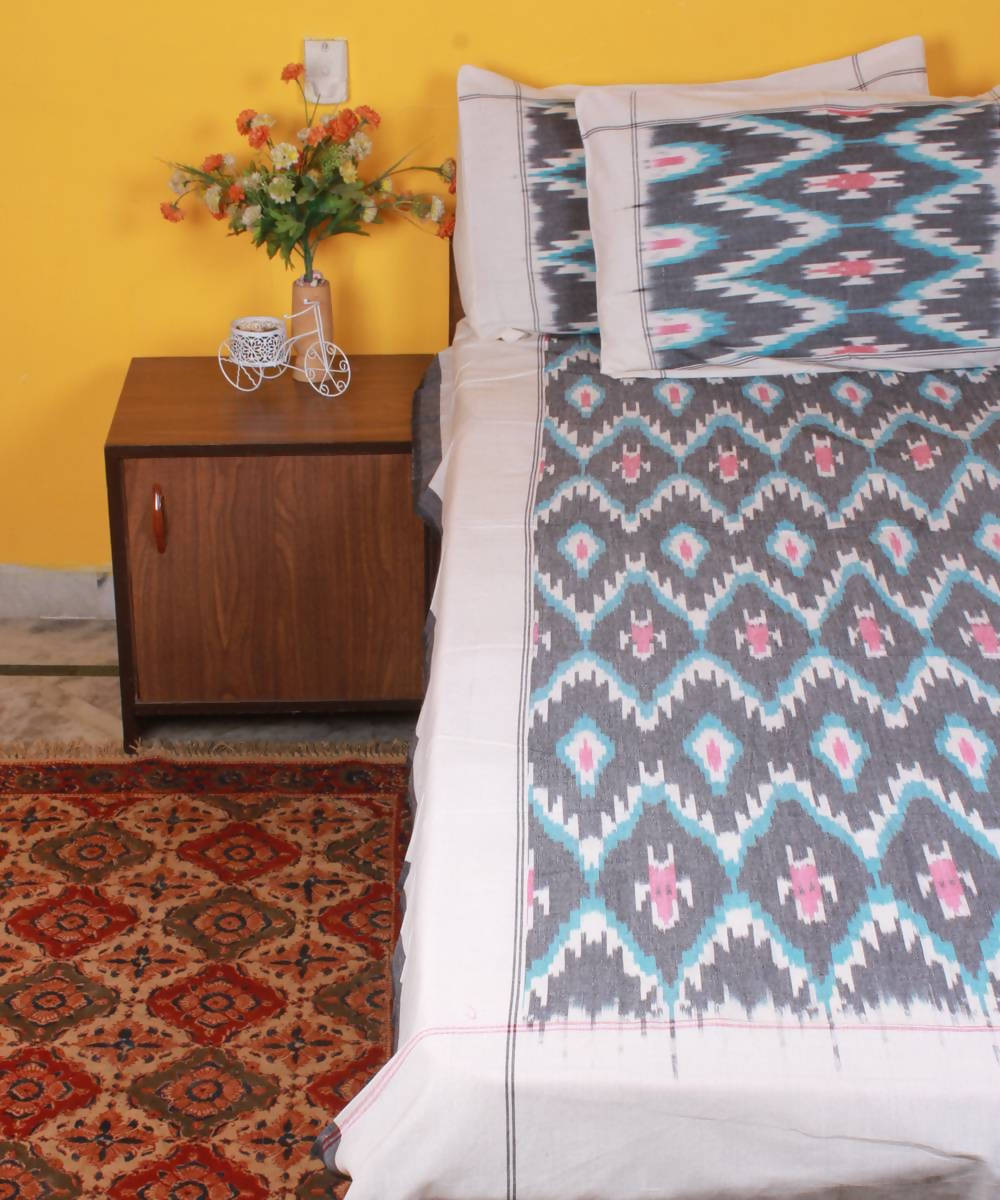 Grey Handloom Ikkat Cotton Bedsheet