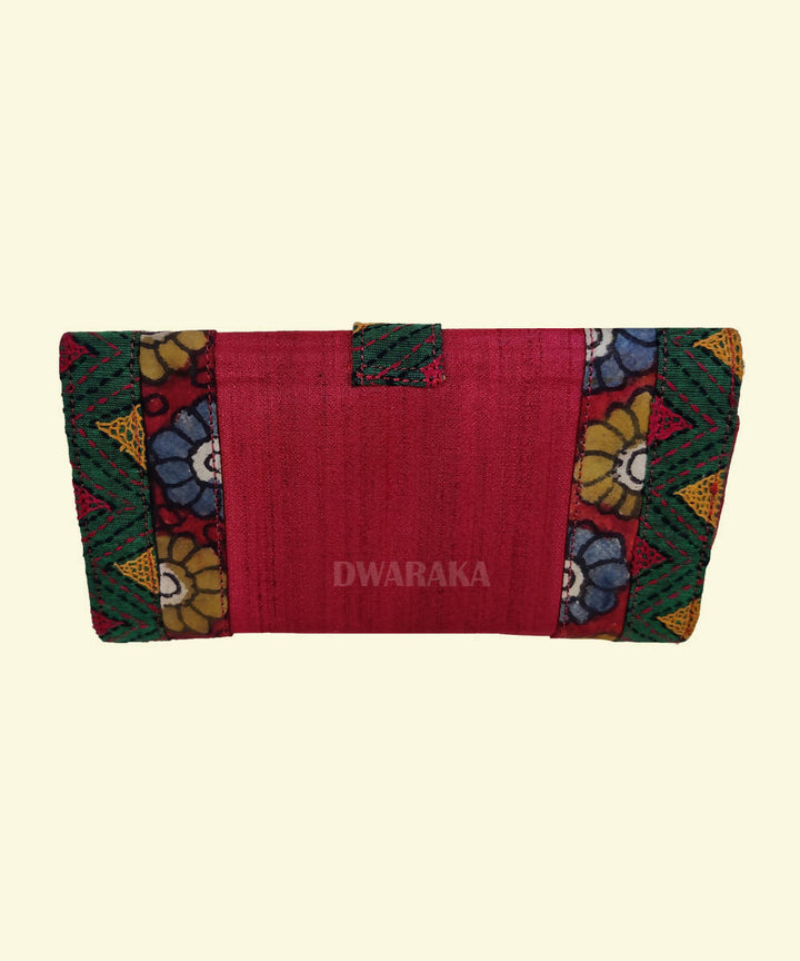 Red hand painted kalamkari and threadwork clutch