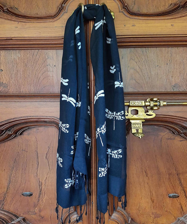 Black dragon fly motif handblock printed sico stole
