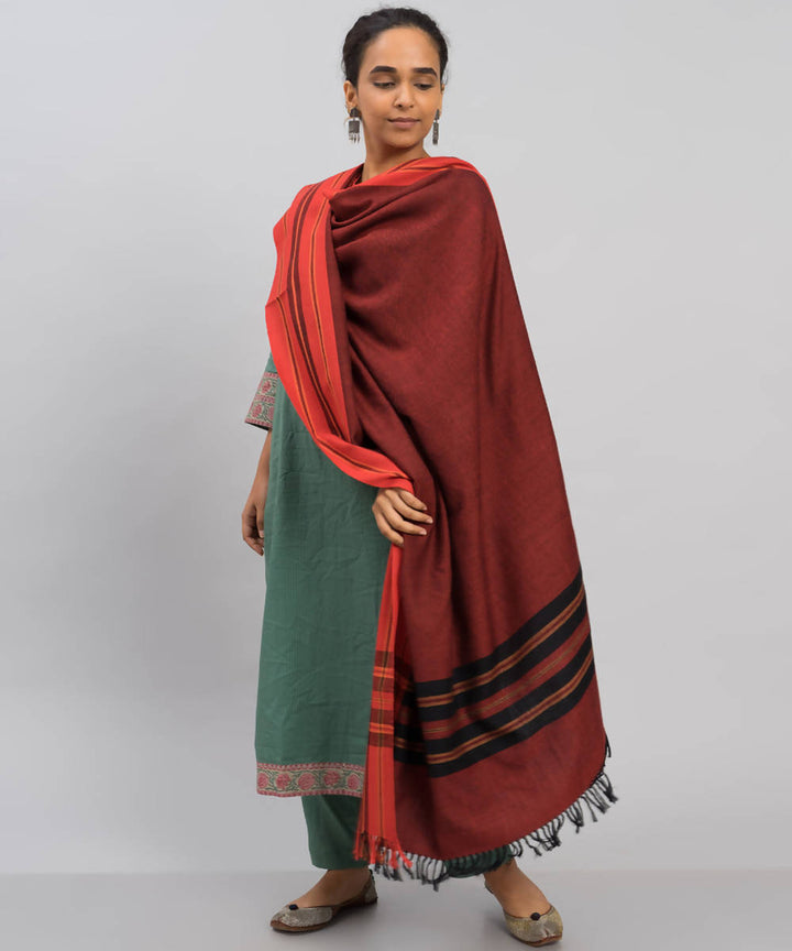 Black orange handwoven panchachuli wool lambswool shawl